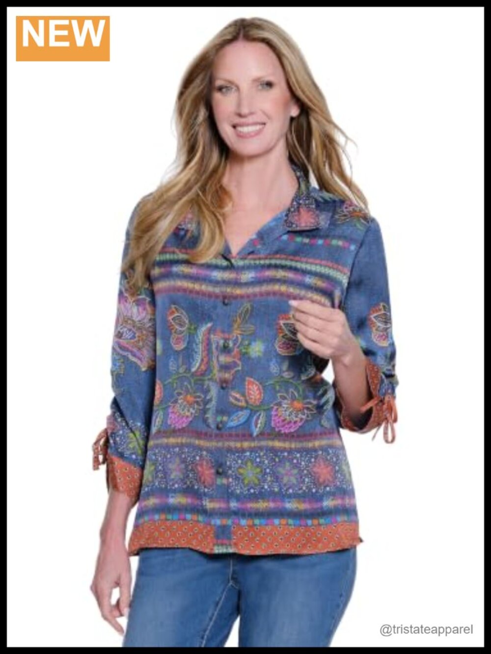 John Mark Woven Printed Button Front Blouse with Wire Collar